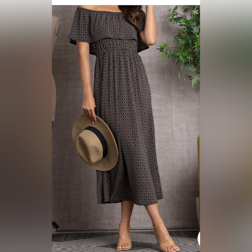 NWOT Ethnic Print Elastic Off Shoulder Maxi Midi Dress Bohemian Y2K